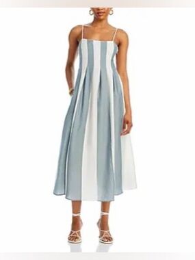 Madewell - Striped White and Slate Blue Pleated Midi Dress - 4